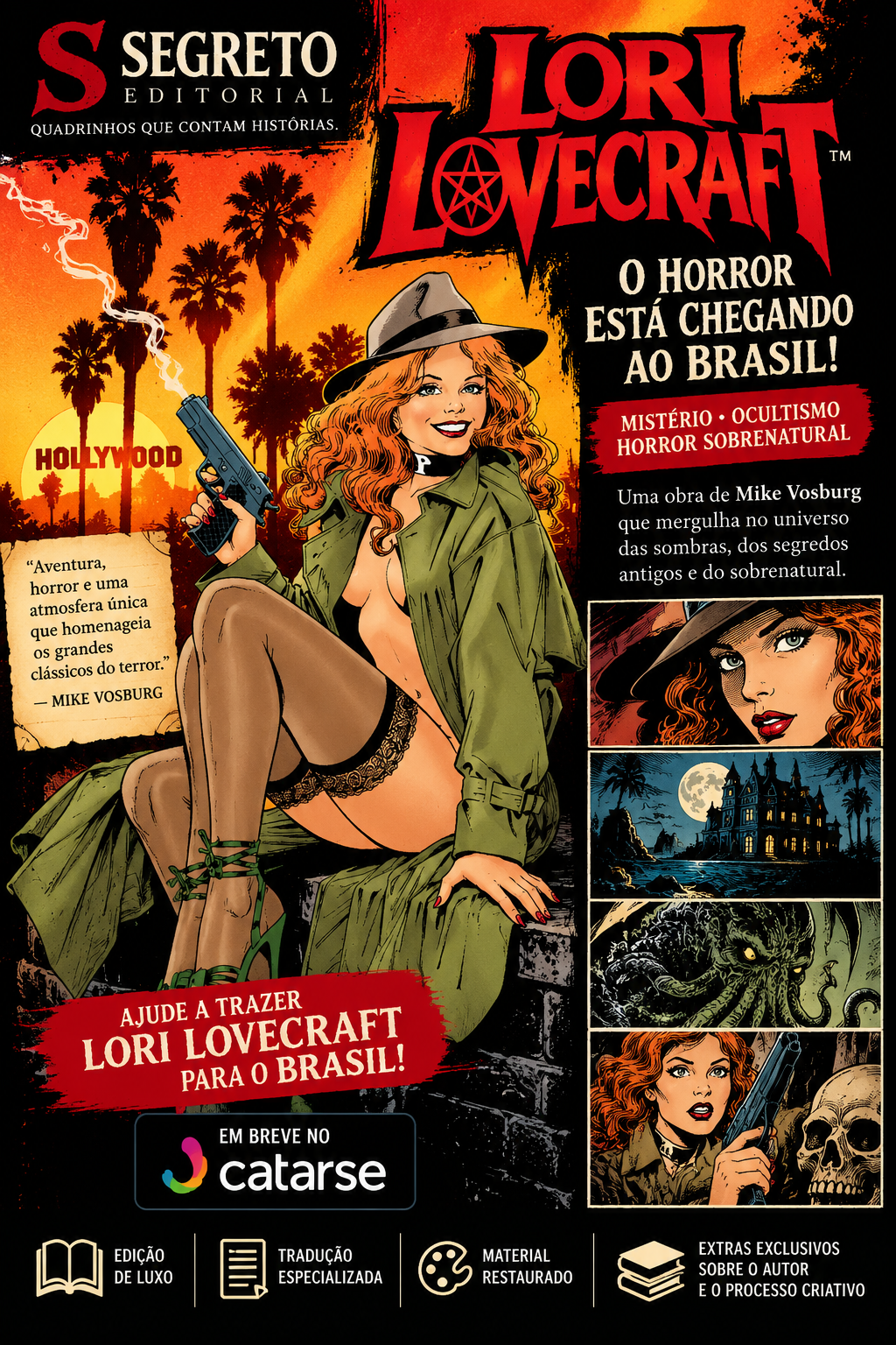 Arte de divulgação do projeto Lori Lovecraft, de Mike Vosburg, com a personagem em uma paisagem de horror e mistério